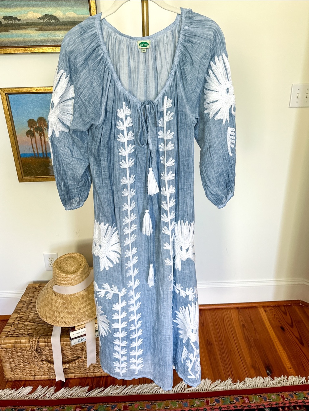 Dolma Blue White Embroidered Boho Maxi Resort Hamptons Summer Dress | NWOT OS - Picture 4 of 5